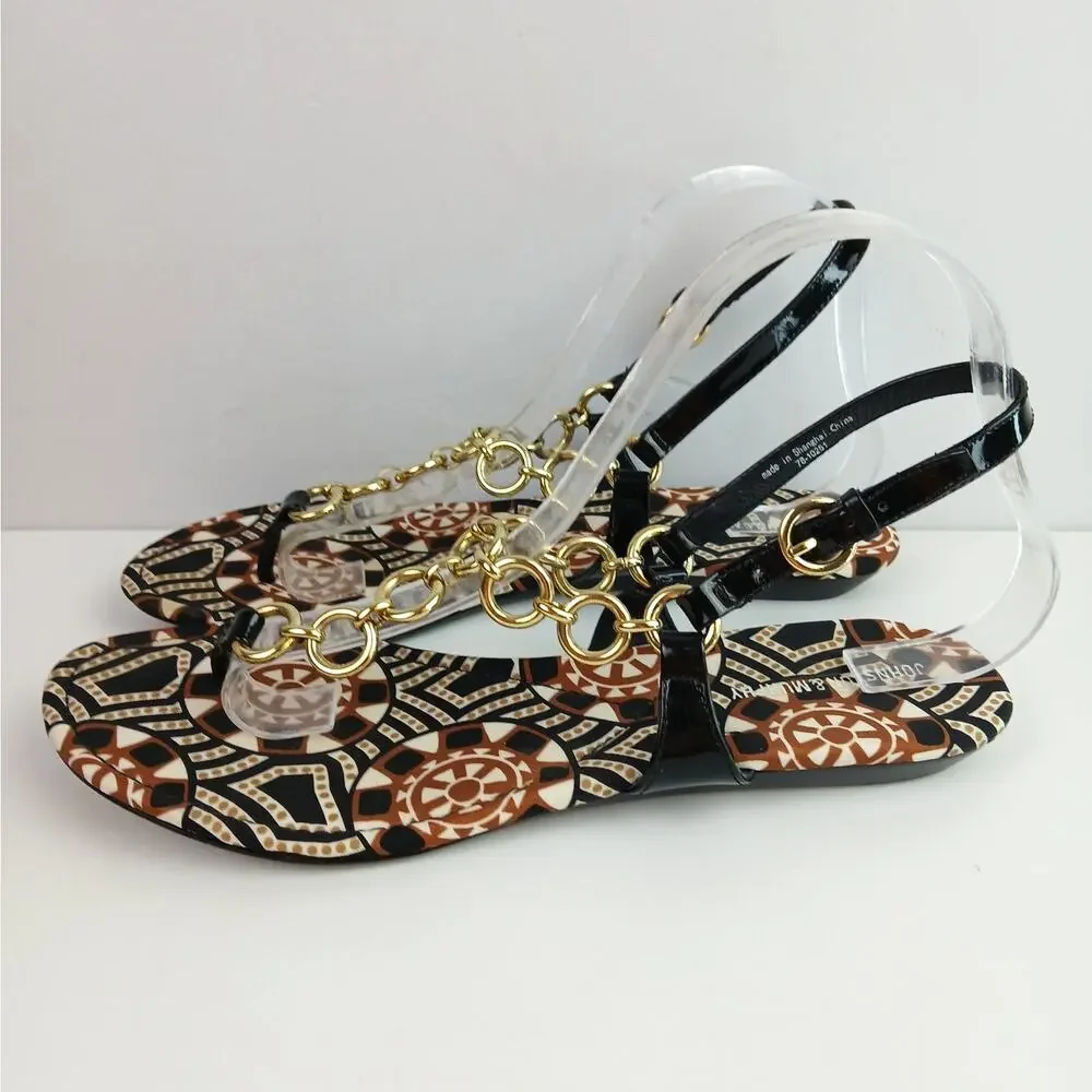 Johnston & Murphy SZ 10M Black Patent Leather & Gold Chain Link Thong Sandals